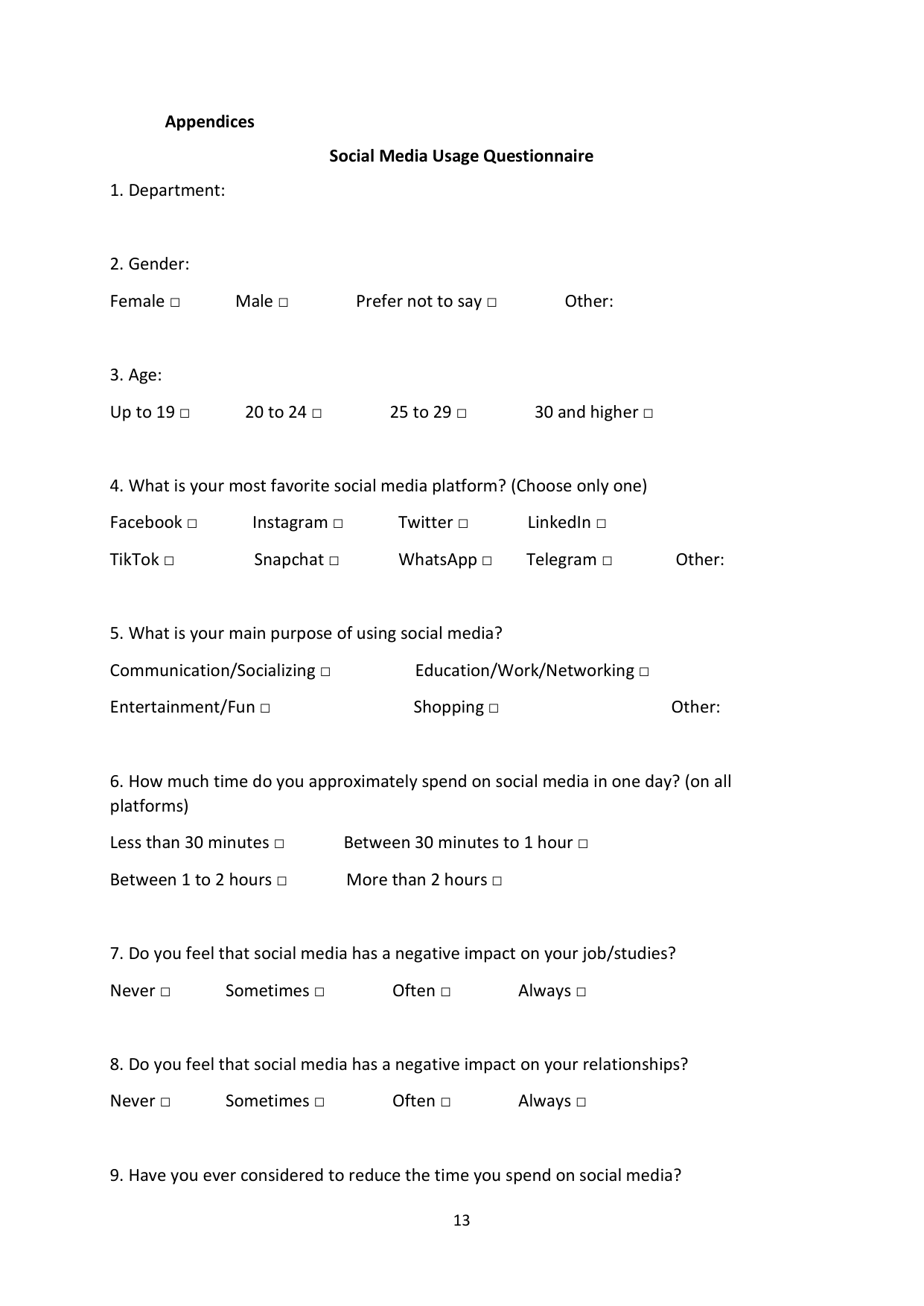 Social media addiction study, page 13