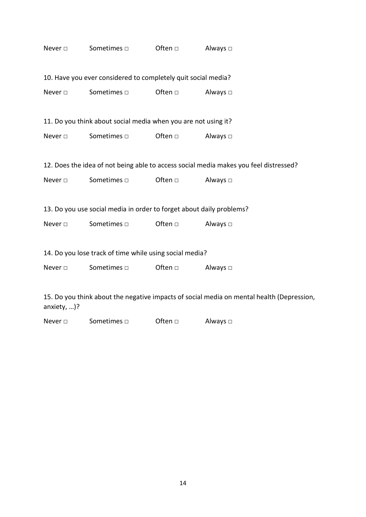 Social media addiction study, page 14